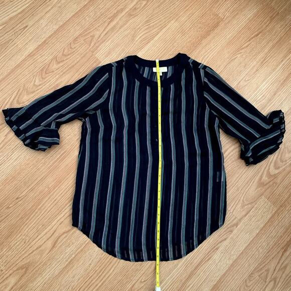 ModCloth Blue Striped Sheer Blouse Size M Tiered Flutter Ruffle Sleeve - Picture 11 of 11